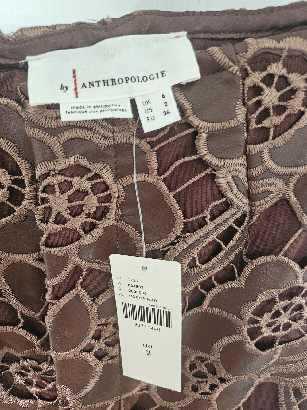 Anthropologie Brown Floral Lace Vegan leather Wide-Leg Pants - Picture 3 of 4